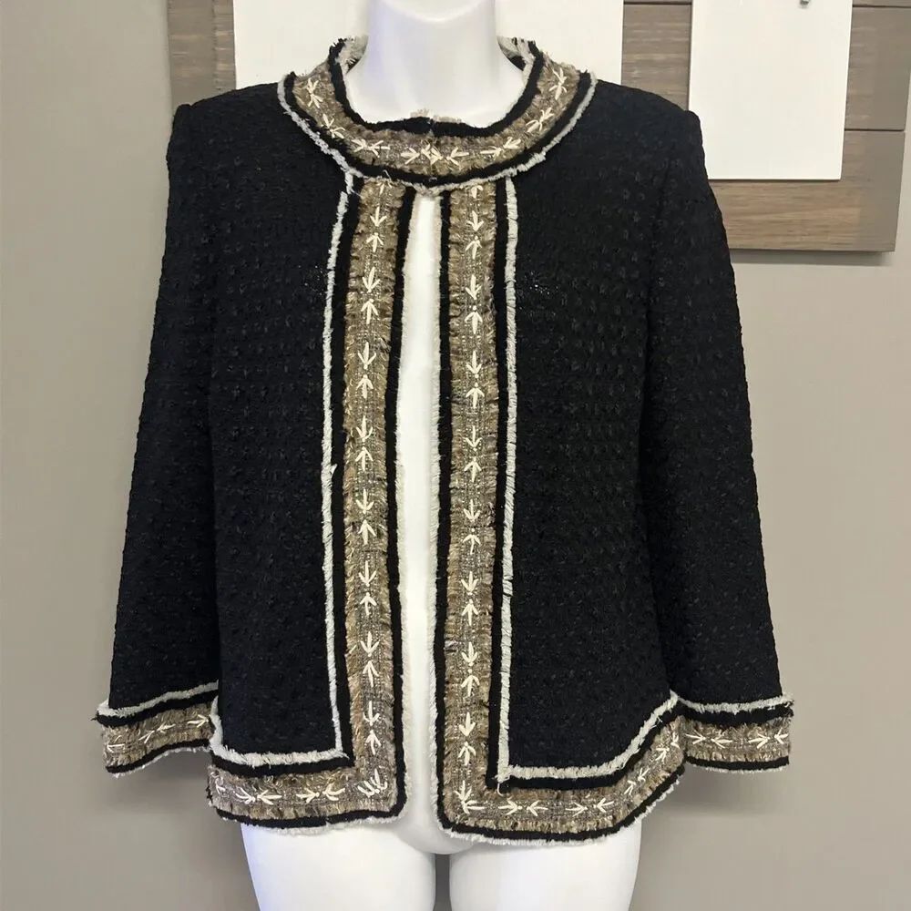 St. John Collection Black Tweed Fringe Knit 3/4 Sleeve Open Front Jacket Size 6